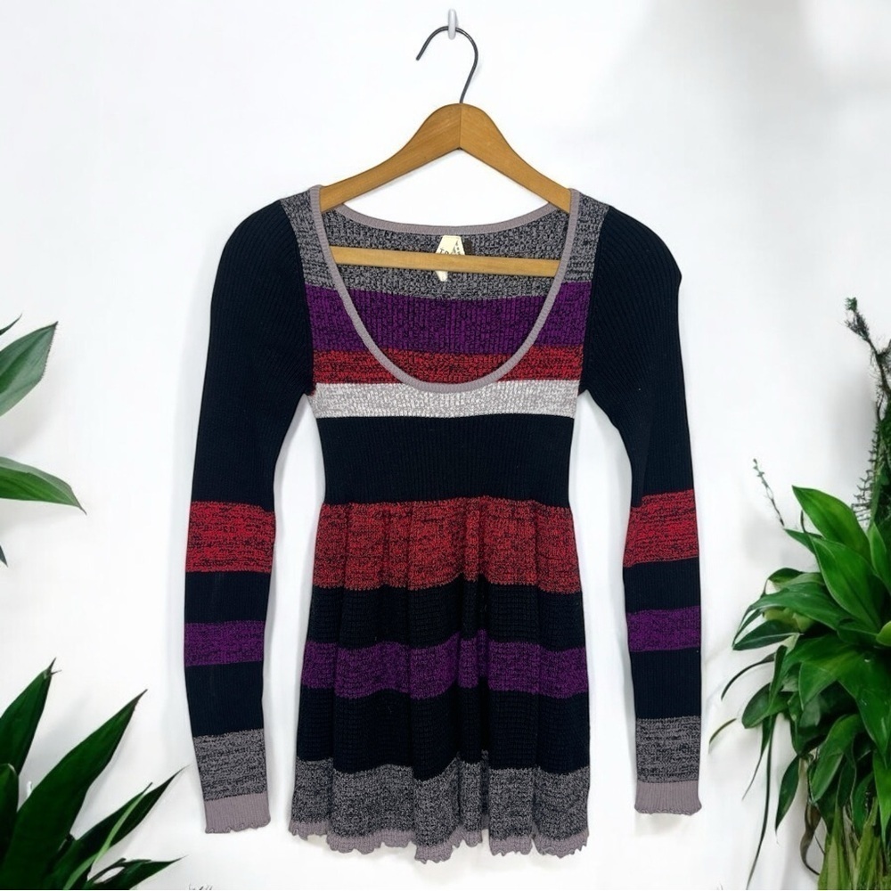 We The Free Waffle Knit Striped Scoop Neck Long Sleeve Peplum Top